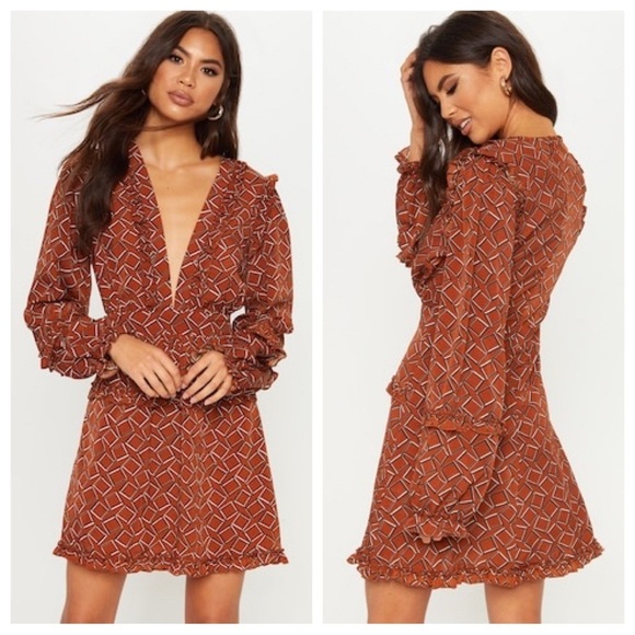 NWT Brown Geo Print Frill Detail Skater Dress - Picture 6 of 8